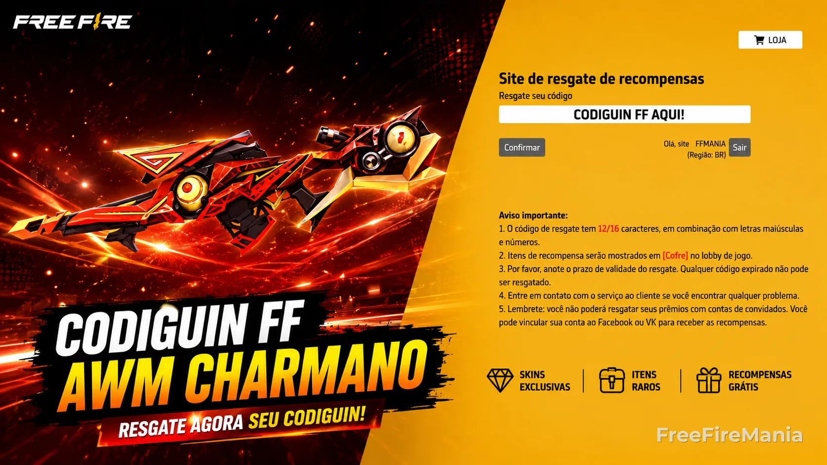 AWM - Charmano - Codiguin disponível na lista de Codiguin FF 2026