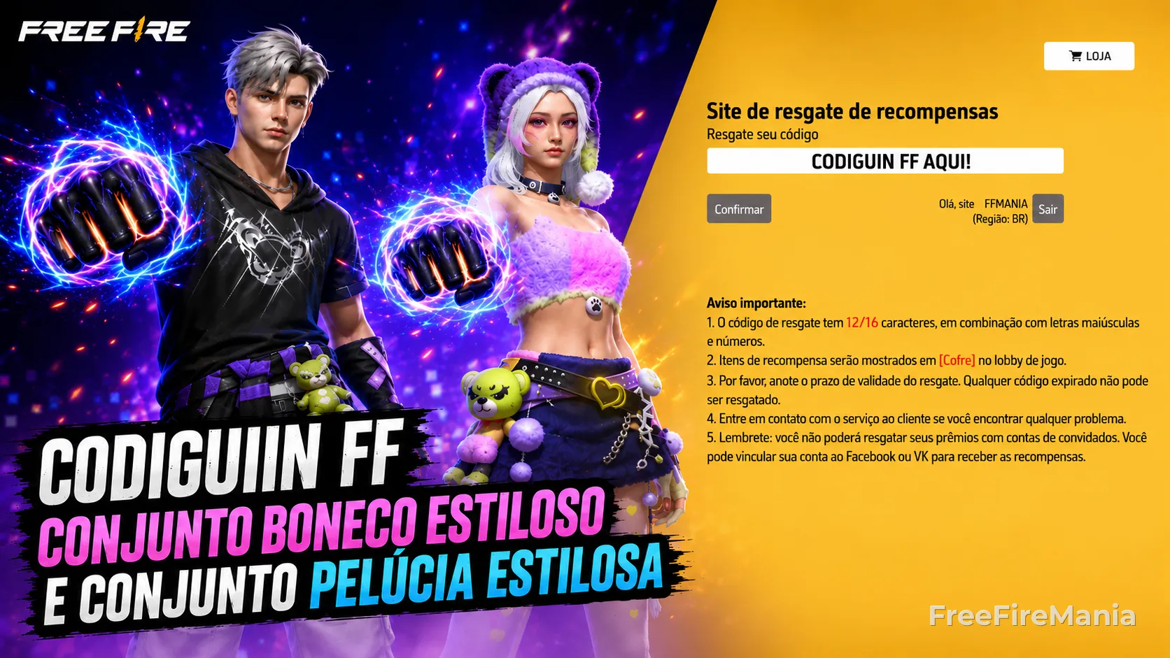 Boneco Estiloso e Pelúcia Estilosa - Codiguin disponível na lista de Codiguin FF 2026