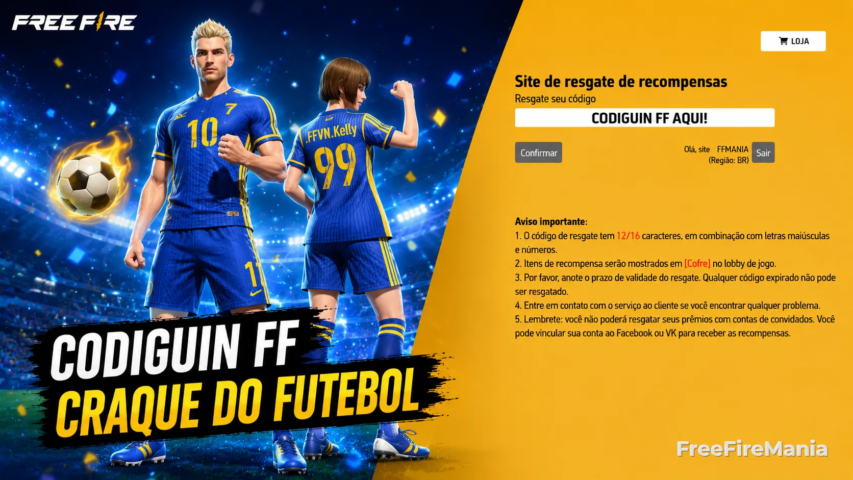 Conjunto Craque do Futebol - Codiguin disponível na lista de Codiguin FF 2026