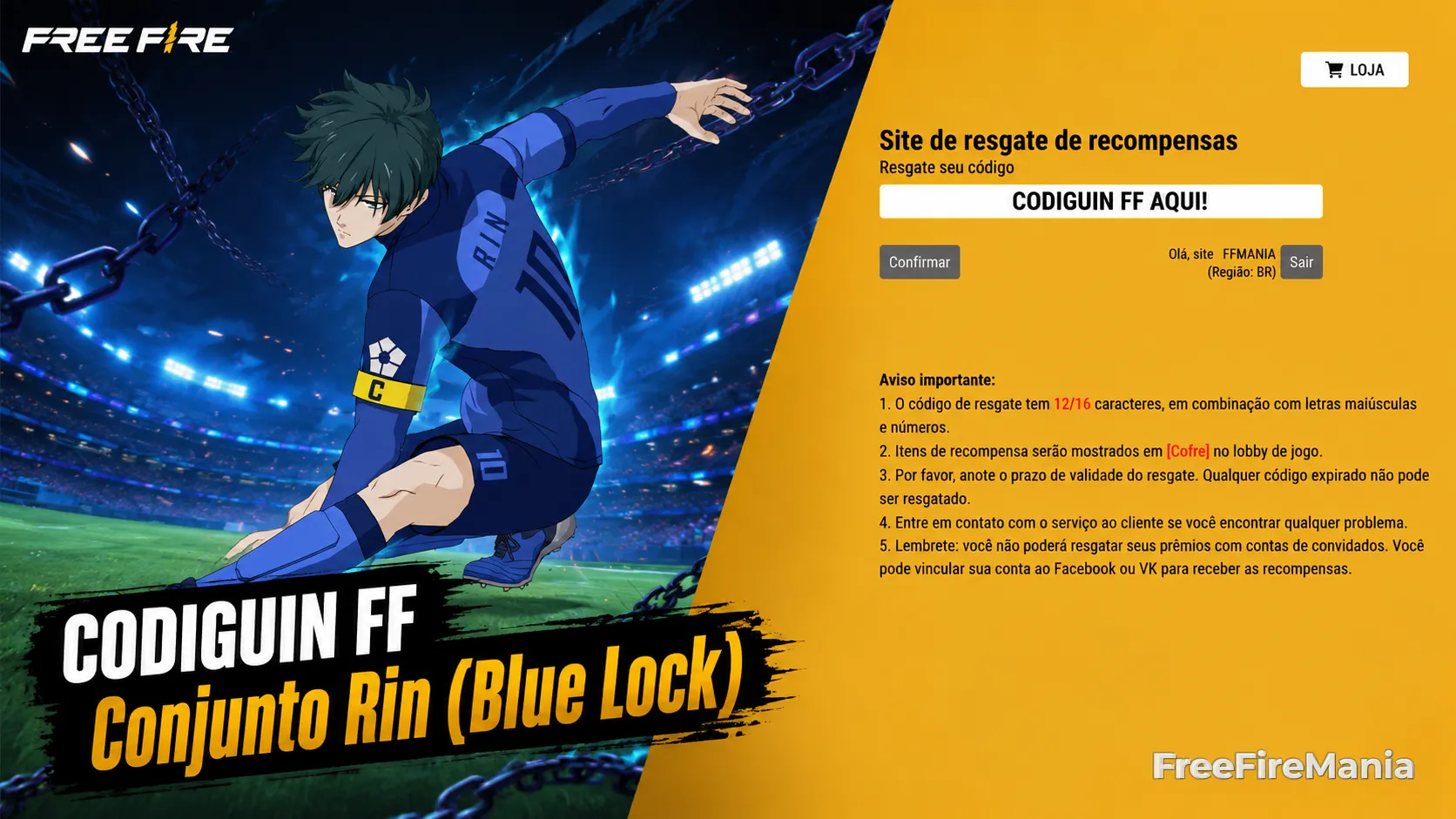 Conjunto Rin (Blue Lock - Codiguin disponível na lista de Codiguin FF 2026