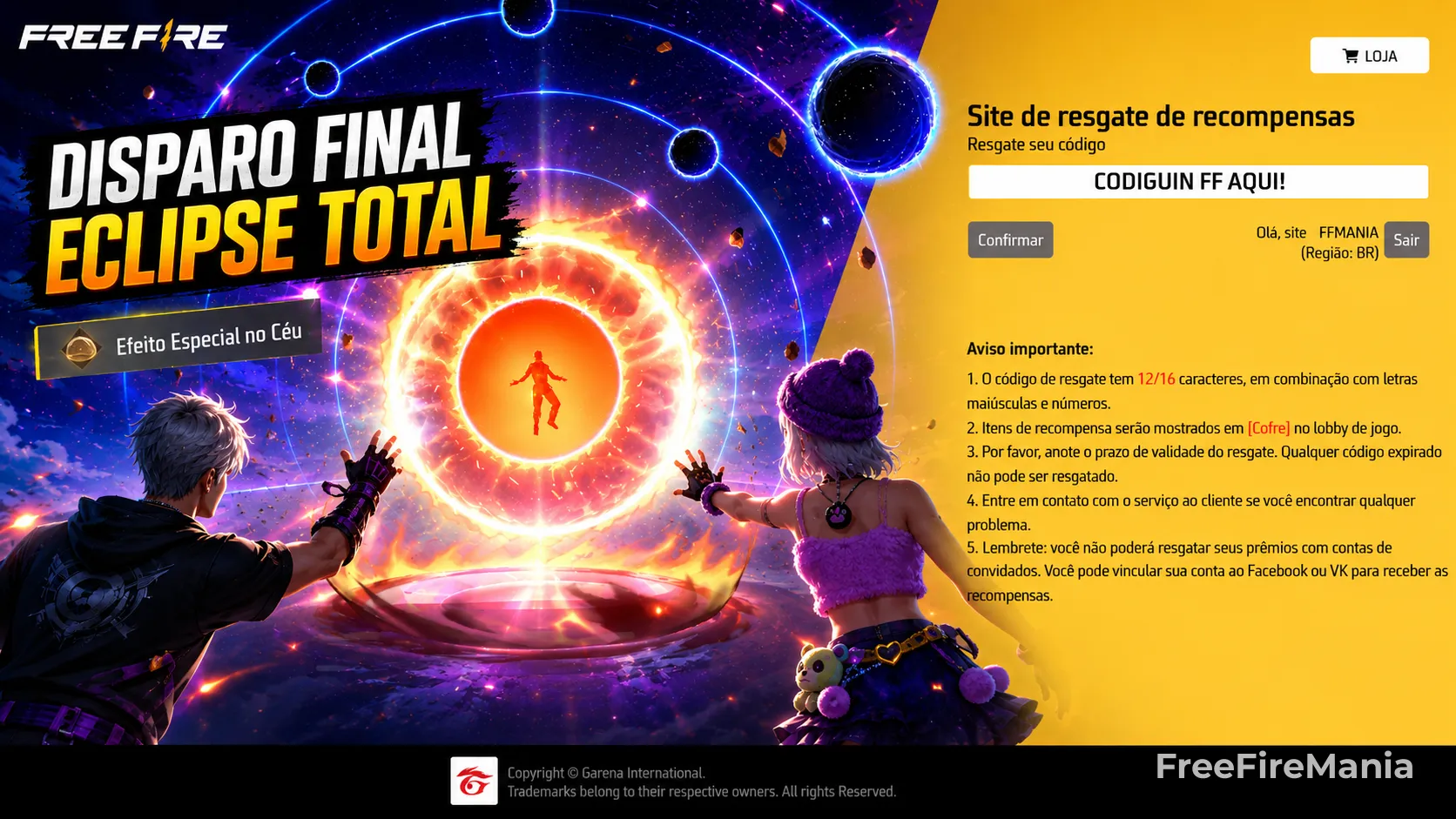 Disparo final - Eclipse Total - Codiguin disponível na lista de Codiguin FF 2026