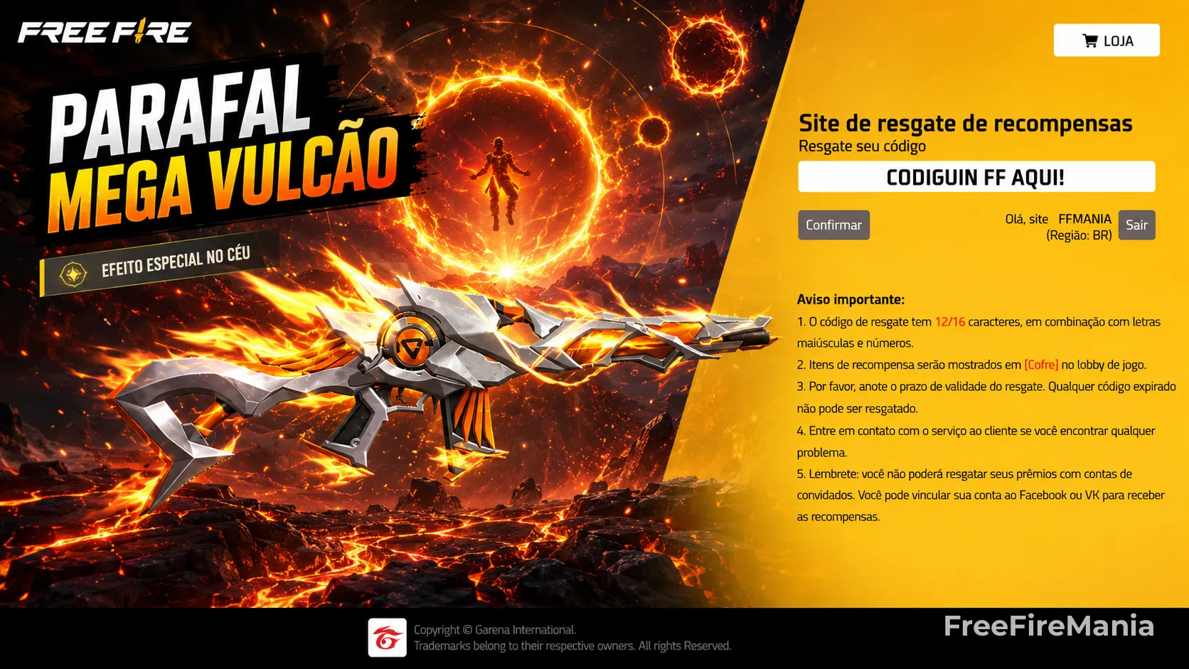 PARAFAL Mega Vulcão - Codiguin disponível na lista de Codiguin FF 2026