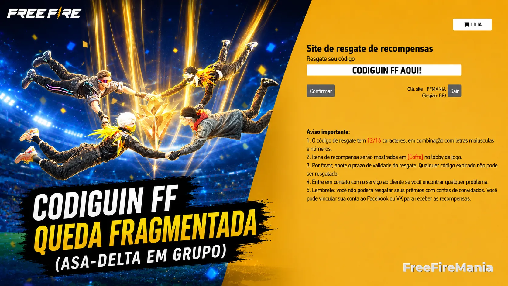 Queda Fragmentada (Asa-Delta em Grupo) - Codiguin disponível na lista de Codiguin FF 2026