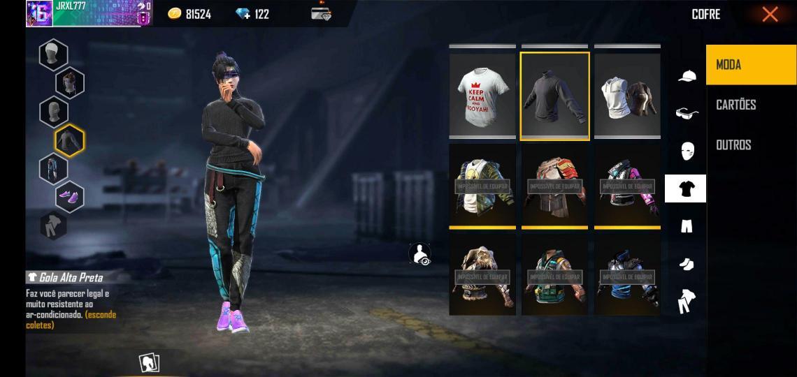 Combinações Gola Alta Preta Free Fire: roupas, skins e pacotes no Battle  Royale
