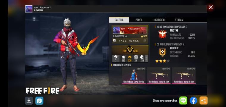 Free Fire (FF) > Conta nível 61 - Gemada e mestre ranqueada atual ( 9  camisas de mestres)