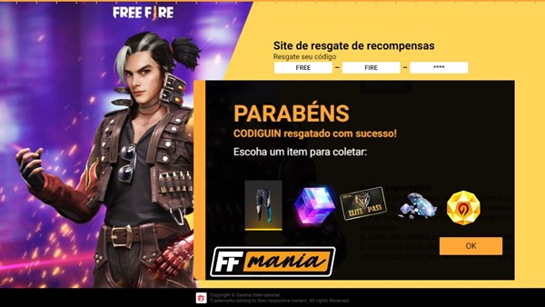 Gerador de CODIGUIN FF: Calça Angelical, Passe, Incubadora e novos itens do Free Fire