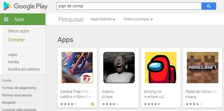 PESQUISEI JOGO DE CORNO NA PLAY STORE E FREE FIRE APARECEU EM PRIMEIRO😲  