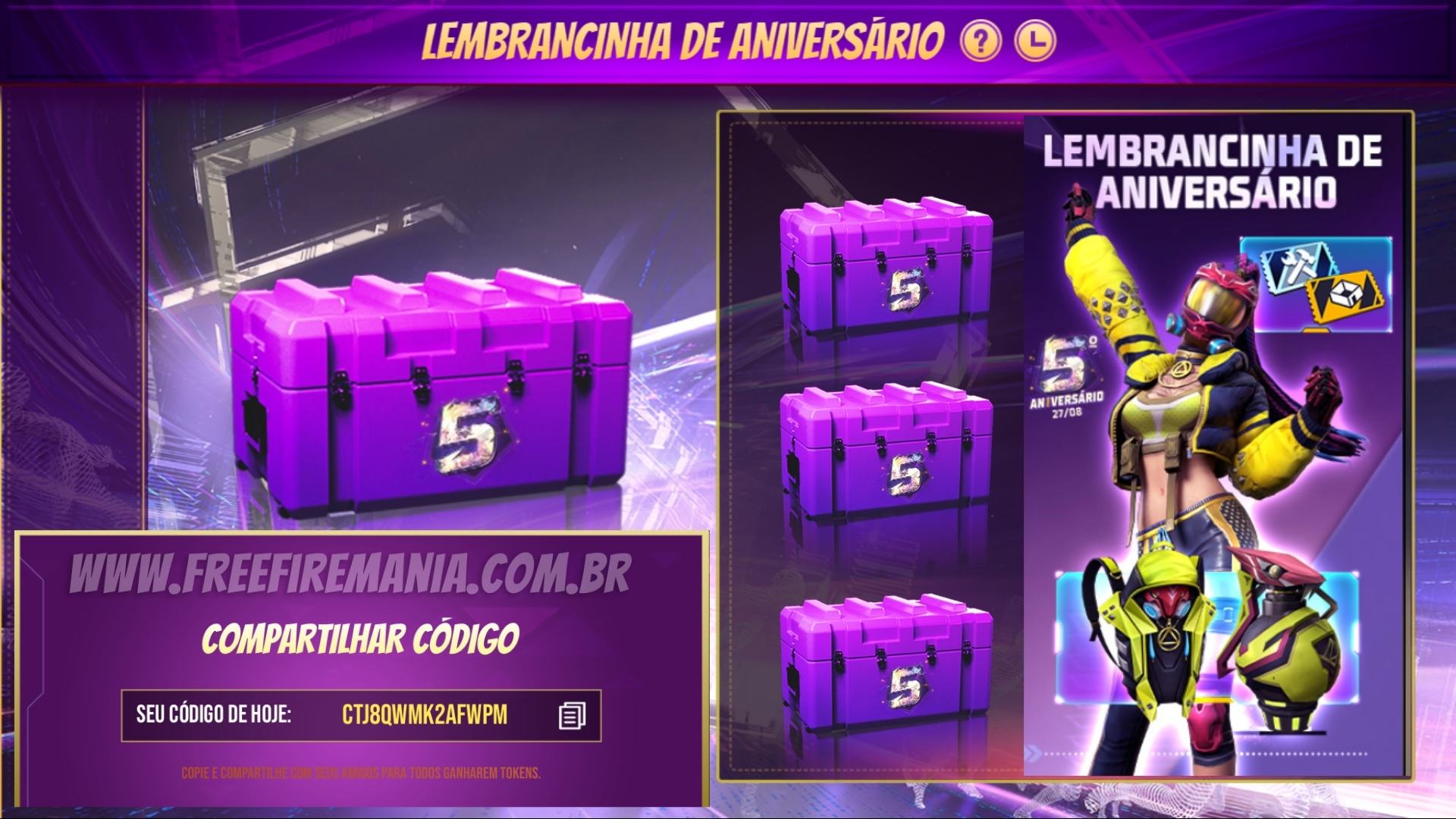 Lembrancinha de Aniversário: ferramenta para compartilhar código e ganhar itens grátis no Free Fire