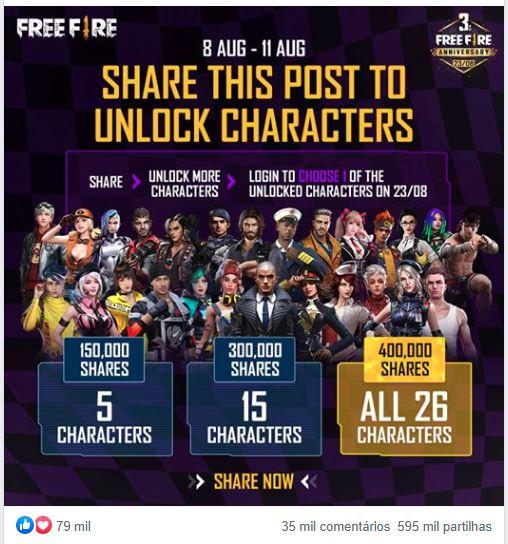 26 personagens grátis no Free Fire da Índia 