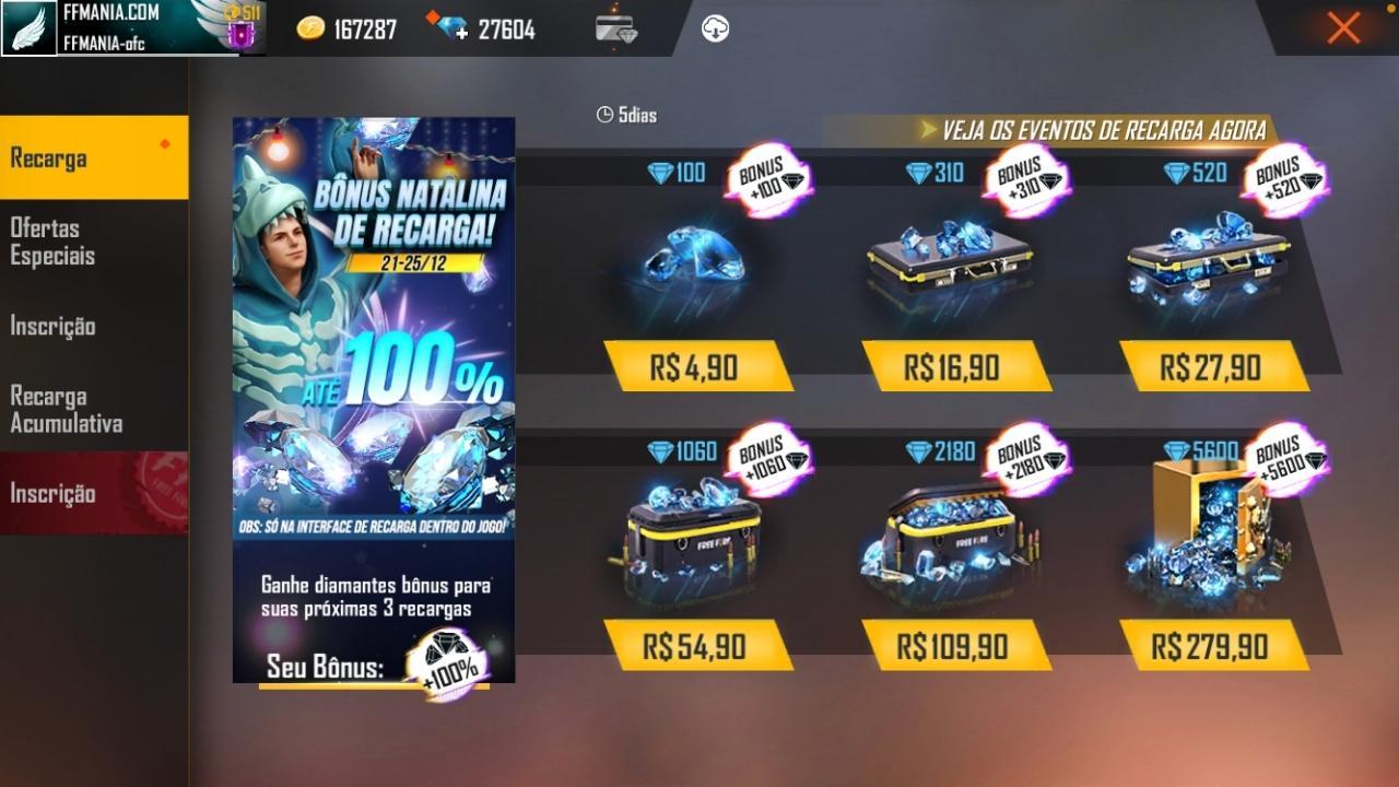 Recarga com 100% de dobro de diamantes