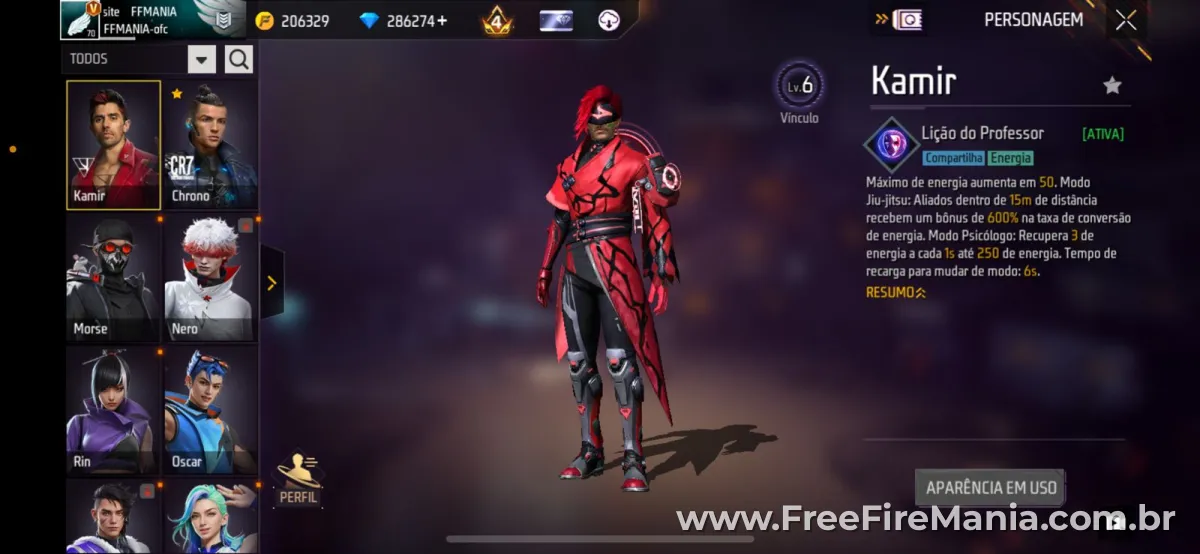 Tela de personagem Kamir no Free Fire mostrando a habilidade Li&ccedil;&atilde;o do Professor com dois modos: Jiu-jitsu e Psic&oacute;logo