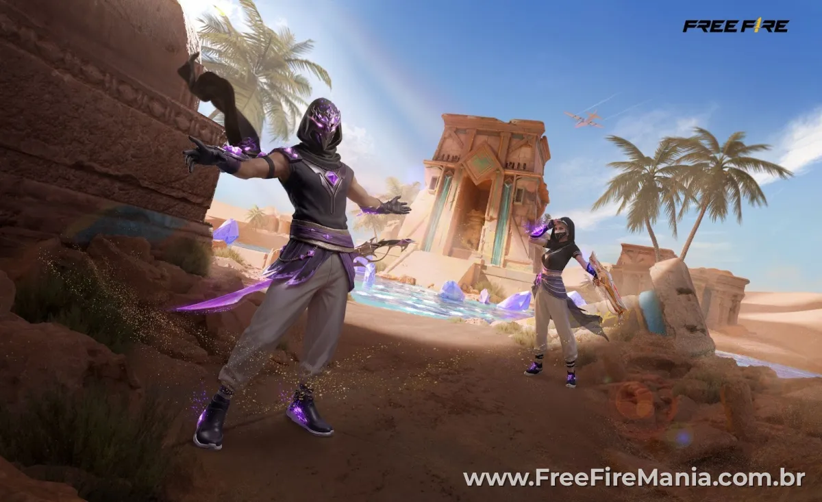 Free Fire Tesouro Perdido: conjuntos Explorador Arcano e Exploradora Arcana &mdash; visuais de guardi&otilde;es do o&aacute;sis com cristais roxos no deserto de Bermuda