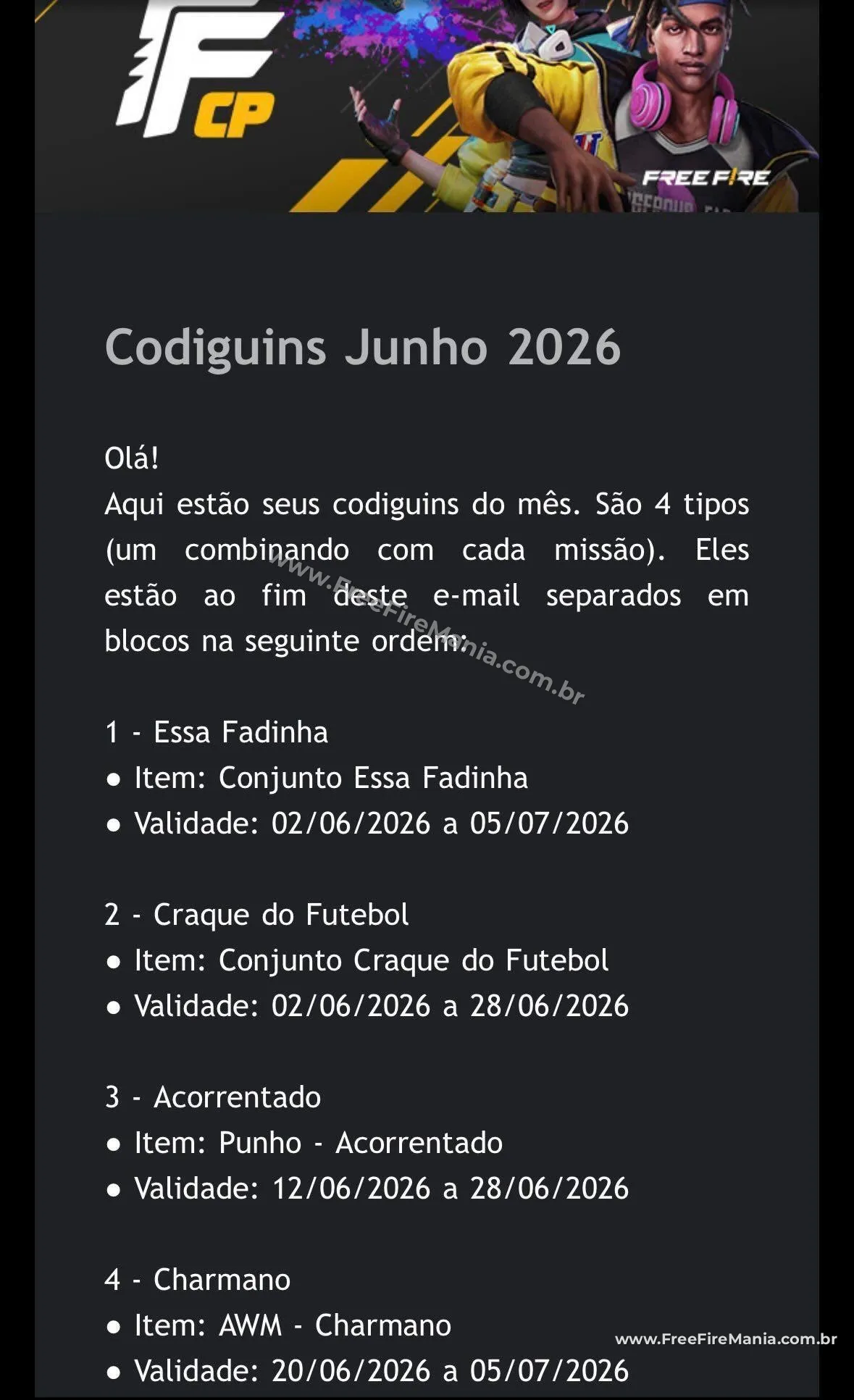 Codiguins oficiais de Free Fire para junho de 2026 divulgados pela Garena via FFCP