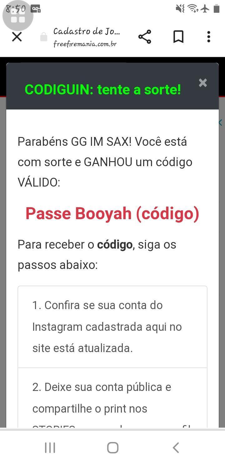Print mostrando um ganhador de código Free Fire válido no site