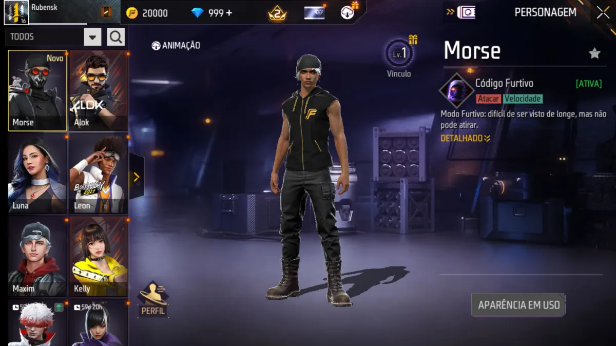 Morse, novo personagem do Free Fire, apresentado na tela de seleção de personagens