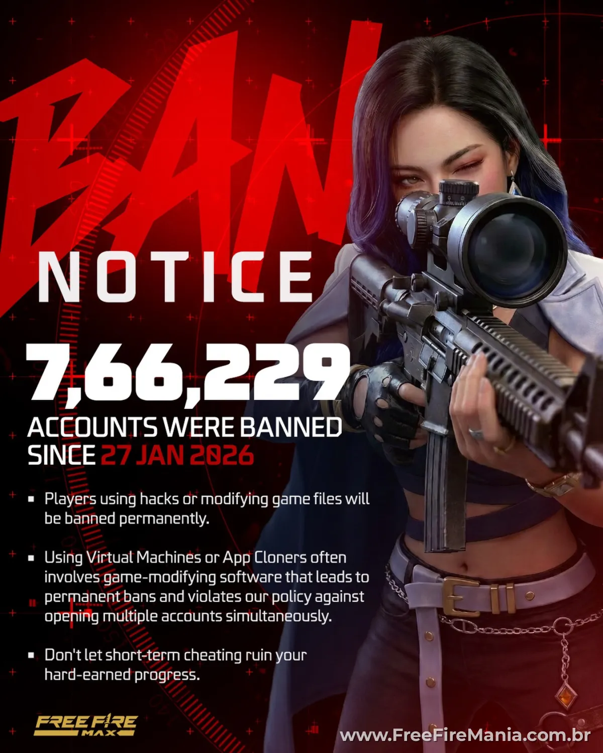 Official Free Fire announcement about massive bans for hacks and virtual machines