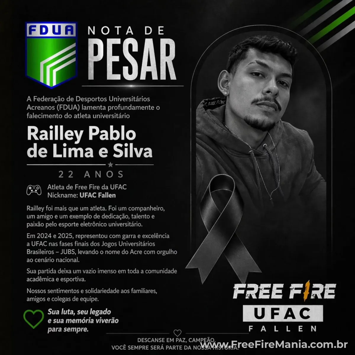 Nota de pesar da FDUA pela morte do jogador UFAC Fallen do Free Fire universit&aacute;rio