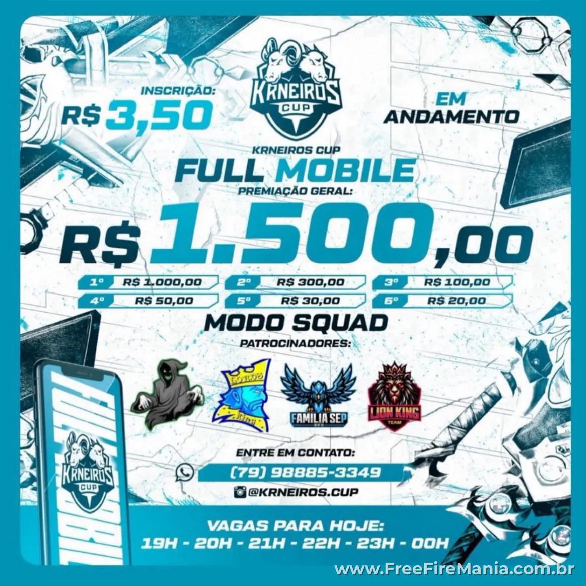 Arte de divulgação da Krneiros Cup com premiação de R$1.500 para copa apostada de Free Fire no modo squad