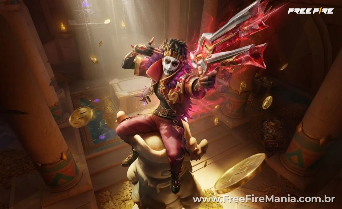 Free Fire Tesouro Perdido: conjunto Caos Arcano &mdash; visual de Rei Palha&ccedil;o do Deserto com maquiagem de caveira e espada avermelhada