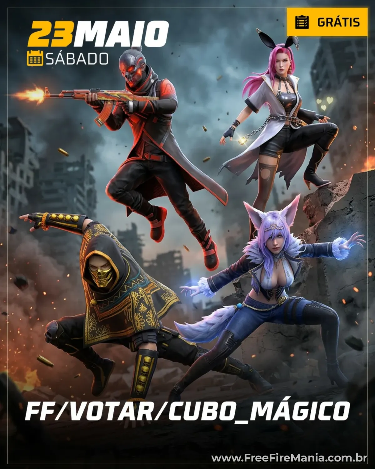 Agenda Semanal do Free Fire mostra Fragmento de Cubo grátis e votação do Cubo Mágico em maio de 2026