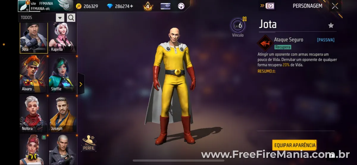 Tela do personagem Jota no Free Fire mostrando a habilidade passiva Ataque Seguro que recupera vida ao acertar inimigos e derrubar oponentes