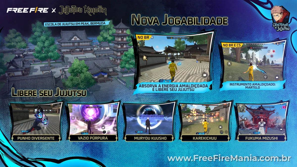 Free Fire x Jujutsu Kaisen: nova jogabilidade com Escola de Jujutsu no mapa Peak de Bermuda e as 5 t&eacute;cnicas do evento
