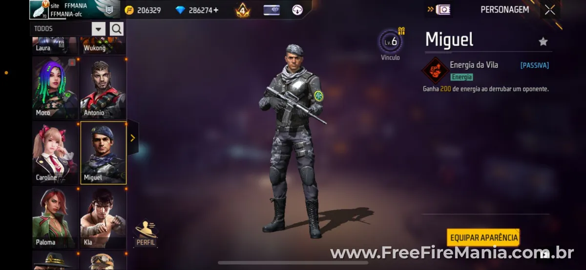 Tela do personagem Miguel no Free Fire mostrando a habilidade passiva Energia da Vila que concede 200 de EP ao derrubar um oponente