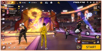 Lobby de festa do 9&ordm; anivers&aacute;rio do Free Fire com jogadores reunidos