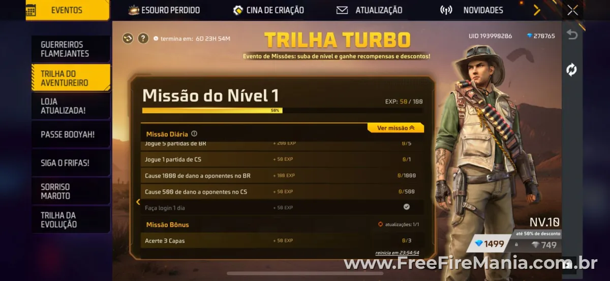 Evento Trilha Turbo Free Fire com sistema de miss&otilde;es e descontos