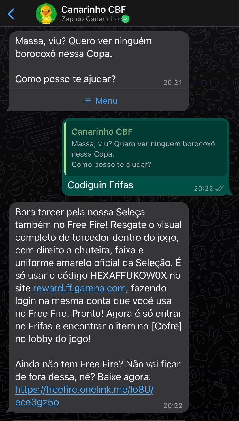 CODIGUIN FF: Código Infinito da CBF no WhatsApp ativo para resgatar no  Rewards do Free Fire - PS Verso