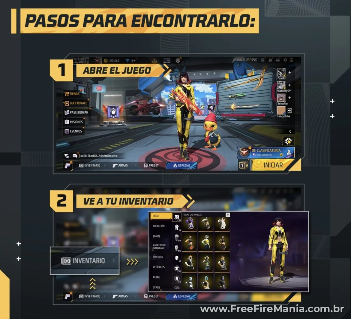 Men&uacute; de inventario en Free Fire con emotes y opciones
