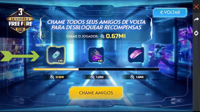 Chame seu Amigo de Volta aniversário Free Fire