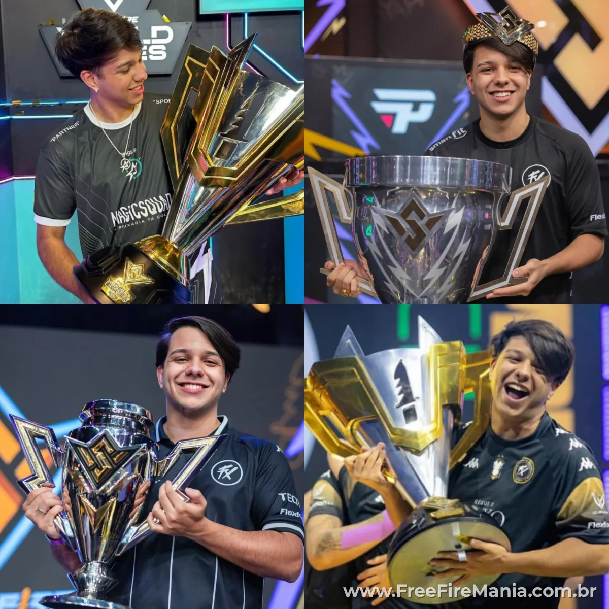 Bops segurando troféus do Mundial e da Copa FF pelo Fluxo W7M