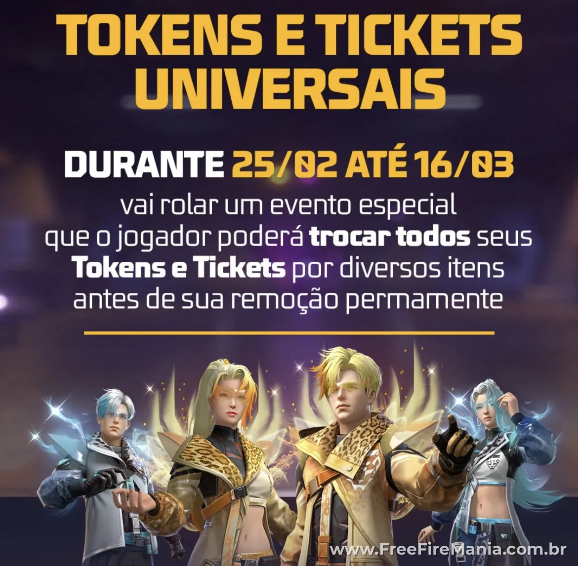 Tela oficial do Free Fire informando remoção de Tokens Universais
