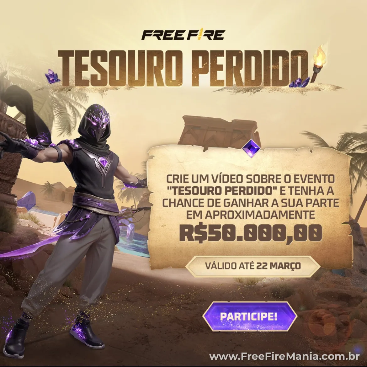 Evento Tesouro Perdido Free Fire campanha 50 mil TikTok