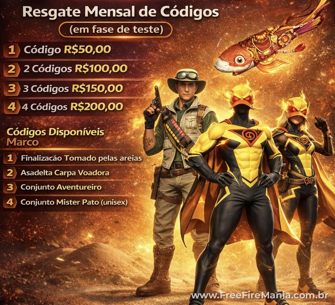 Codiguin FF de março sendo vendidos ilegalmente em violação ao FFCP no Free Fire