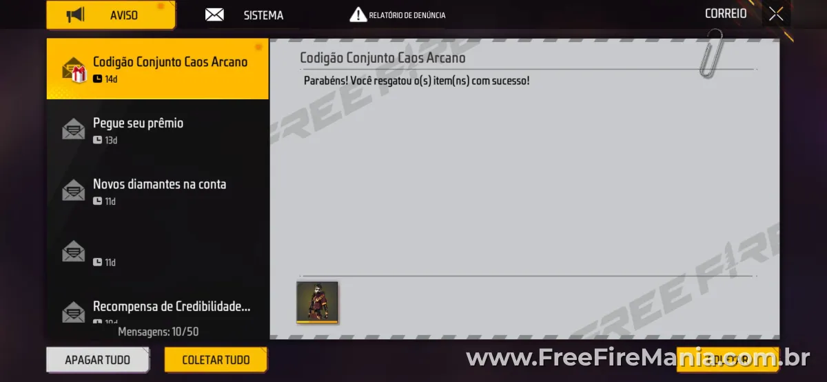 Conjunto Caos Arcano Free Fire recompensa codiguin Garena