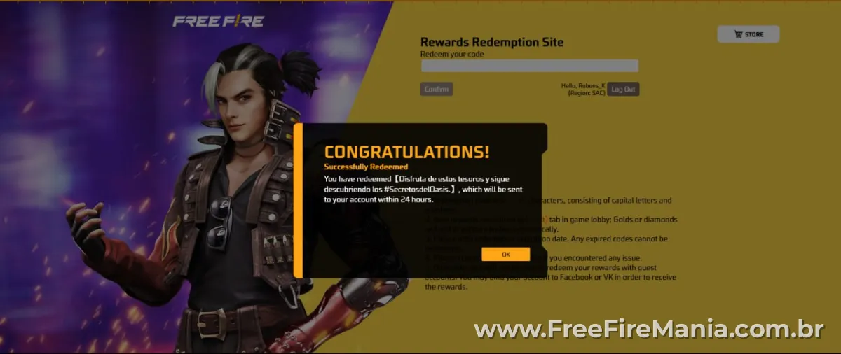sitio de canje de recompensas de Free Fire mostrando confirmaci&oacute;n de c&oacute;digo aceptado