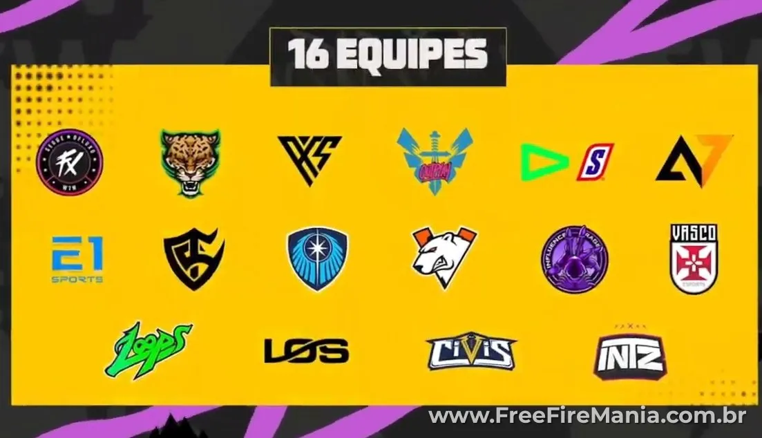 Grupos oficiais do FFWS Brasil 2026 com equipes participantes do campeonato de Free Fire