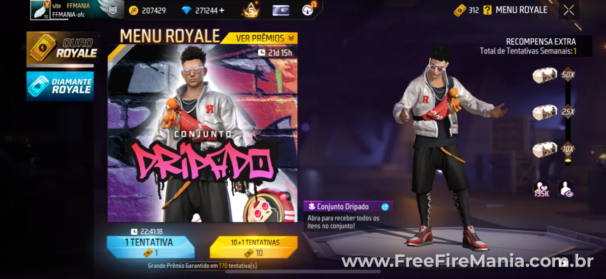 Menu Royale do Free Fire com eventos de roleta e diamantes