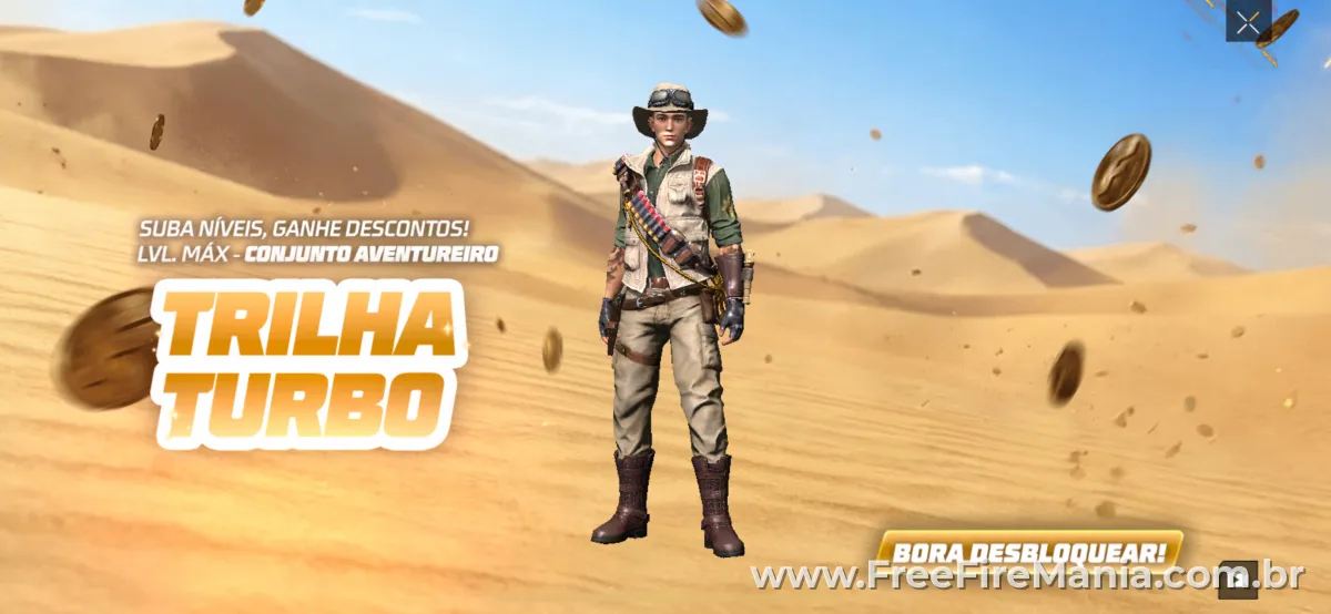 Evento Trilha Turbo Free Fire conjunto aventureiro no deserto