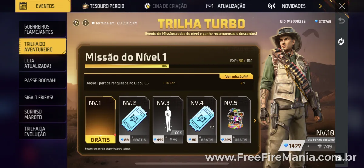 Tela de recompensas por nível no evento Trilha Turbo Free Fire