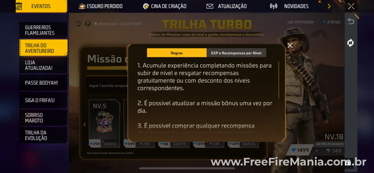 Regras do evento Trilha Turbo Free Fire listadas na interface