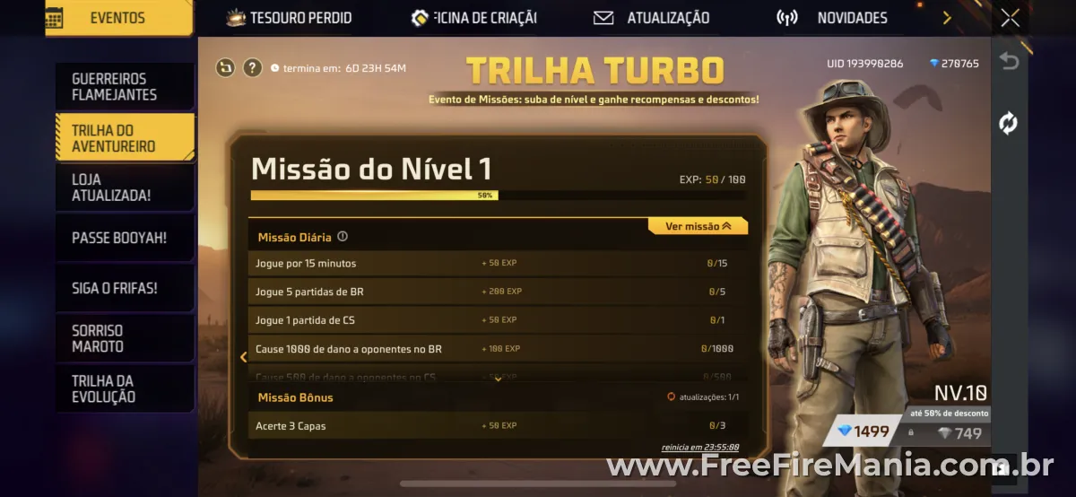 Lista de missões diárias do evento Trilha Turbo Free Fire