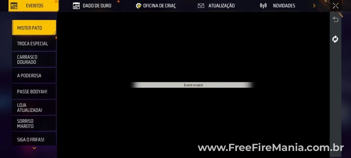Erro event ended no evento Mister Pato Free Fire