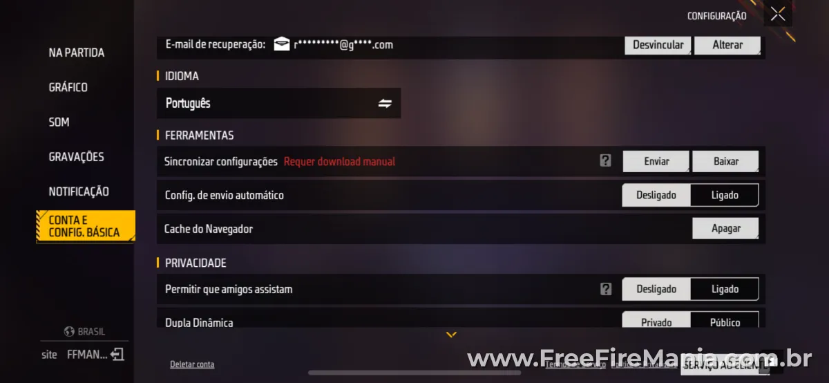 Configura&ccedil;&atilde;o para limpar cache no Free Fire