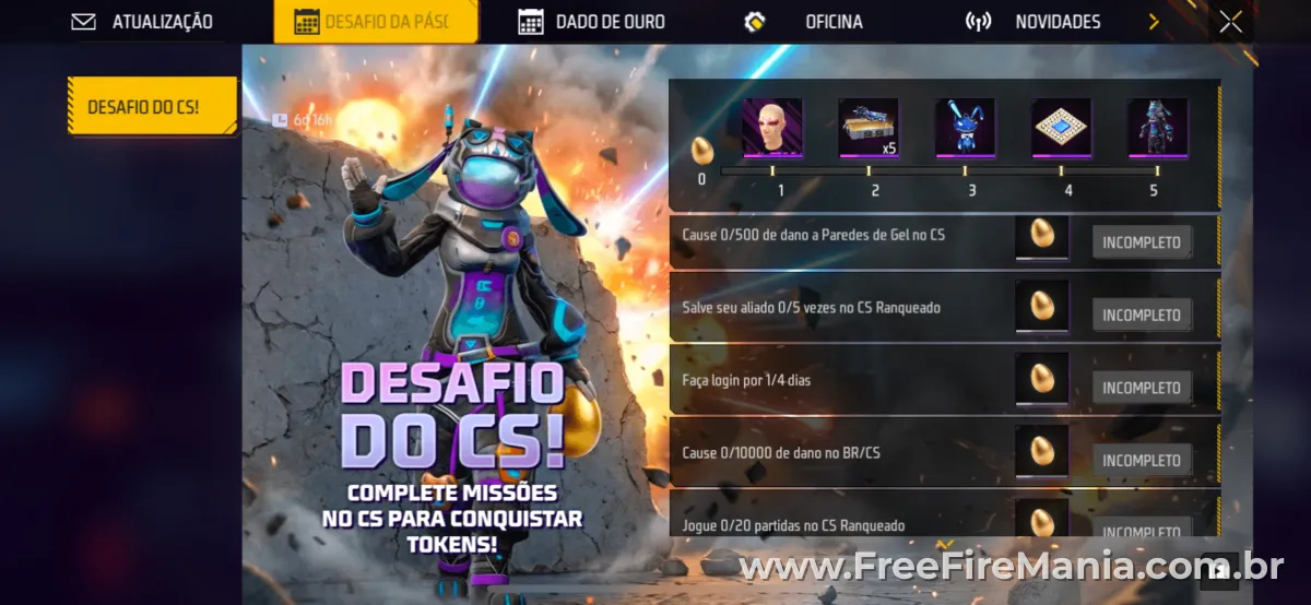 Evento Desafio do CS Free Fire Coelho C&oacute;smico recompensas