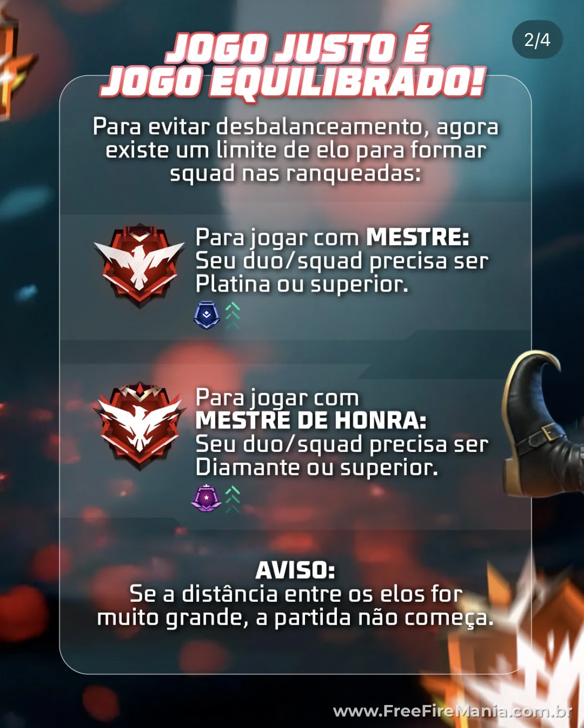 Mudan&ccedil;as nas ranqueadas do Free Fire com limite de elo entre jogadores