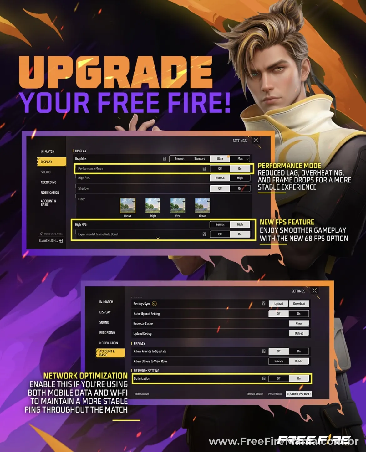 Tela de configura&ccedil;&otilde;es gr&aacute;ficas do Free Fire mostrando op&ccedil;&atilde;o Aumento Experimental de Taxa de Quadros