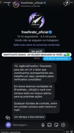 Celular exibindo mensagem suspeita de verificado envolvendo Free Fire